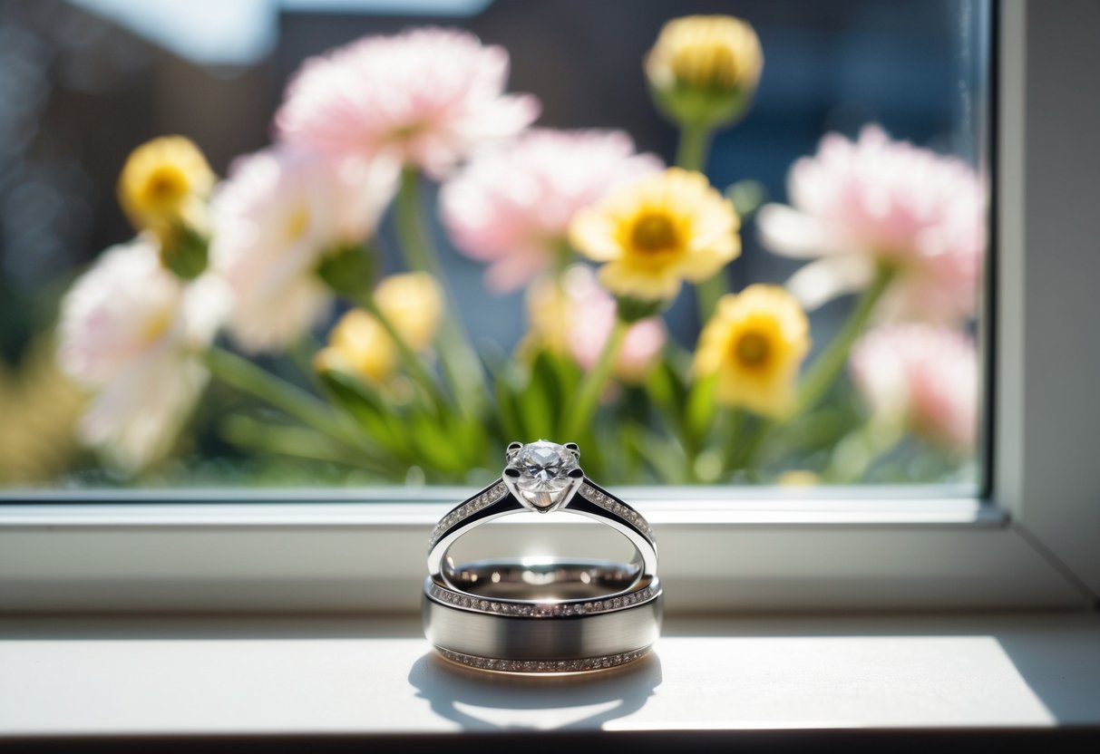 A wedding band resting on a sunlit windowsill, casting a soft shadow against a backdrop of blooming flowers
