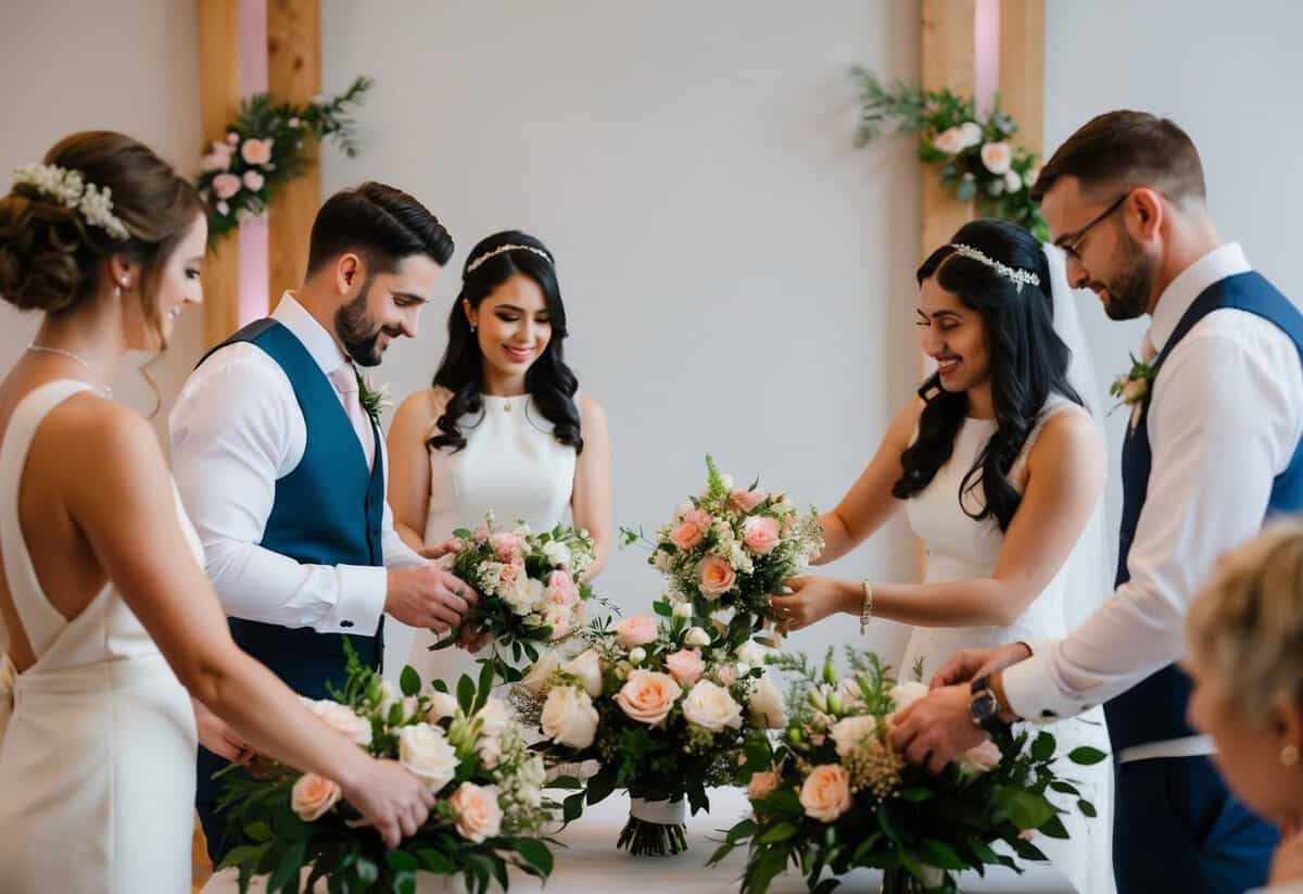 A couple arranging flowers and decorations for a wedding ceremony