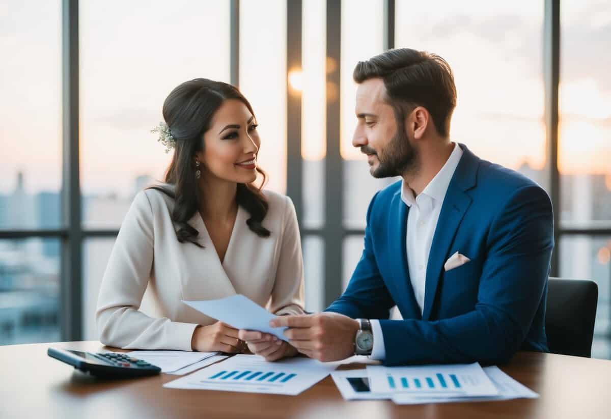 A couple discussing wedding budget at a table with financial documents and calculator