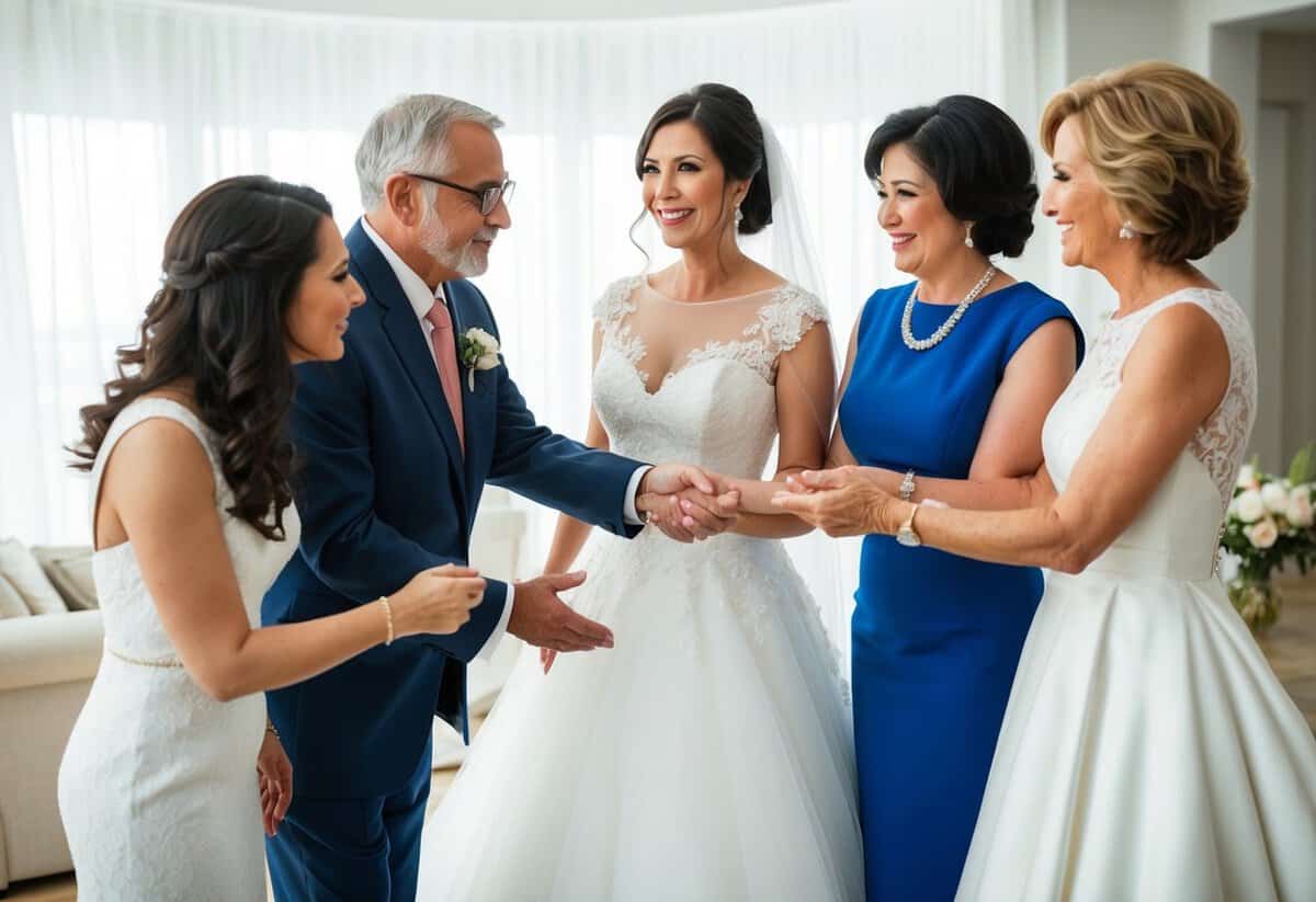 The parents of the bride guiding her through wedding planning, from dress shopping to financial support, symbolized by a helping hand and a wedding gown