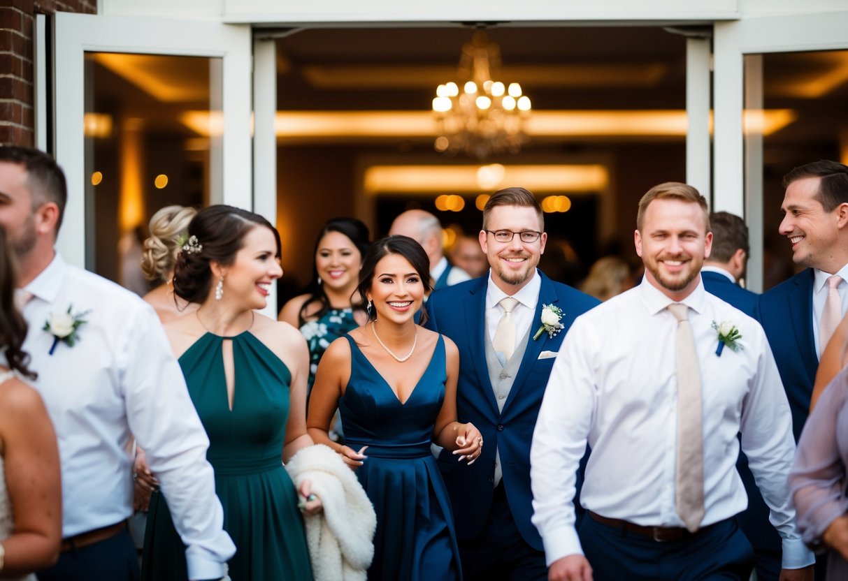 Guests filing out of a wedding reception, chatting and smiling as they make their way to the exit