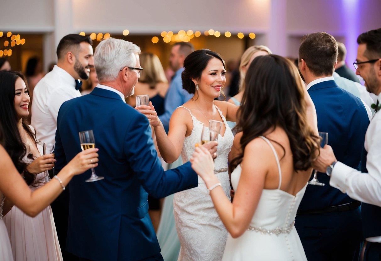 Guests mingling, clinking glasses, and dancing at a wedding reception. Some are leaving without saying goodbye