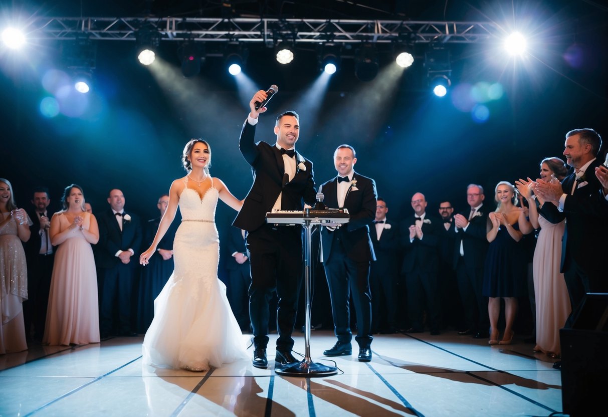 DJ raises microphone, spotlight on empty dance floor, music fades, crowd hushes. DJ announces bride and groom, spotlight shifts to them, applause erupts