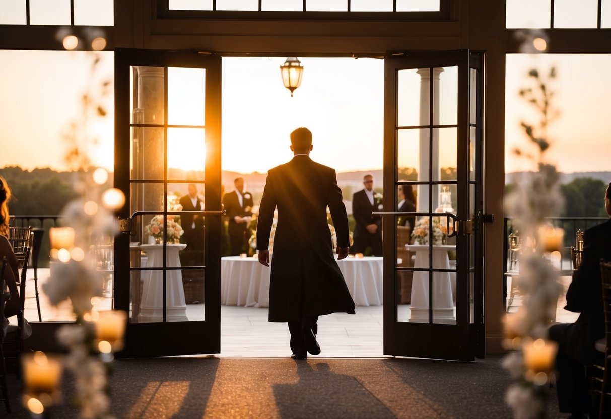 A figure exits a grand wedding venue, the sun setting behind them, casting a warm glow on the scene. The figure walks away with purpose, leaving behind the celebration