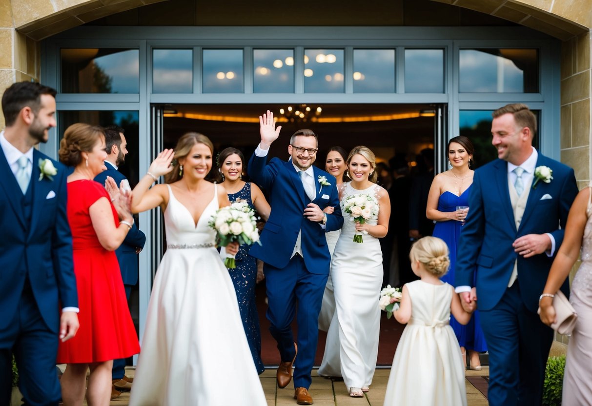 Guests exiting wedding venue, some waving and hugging, others chatting in small groups, while a few slip away unnoticed