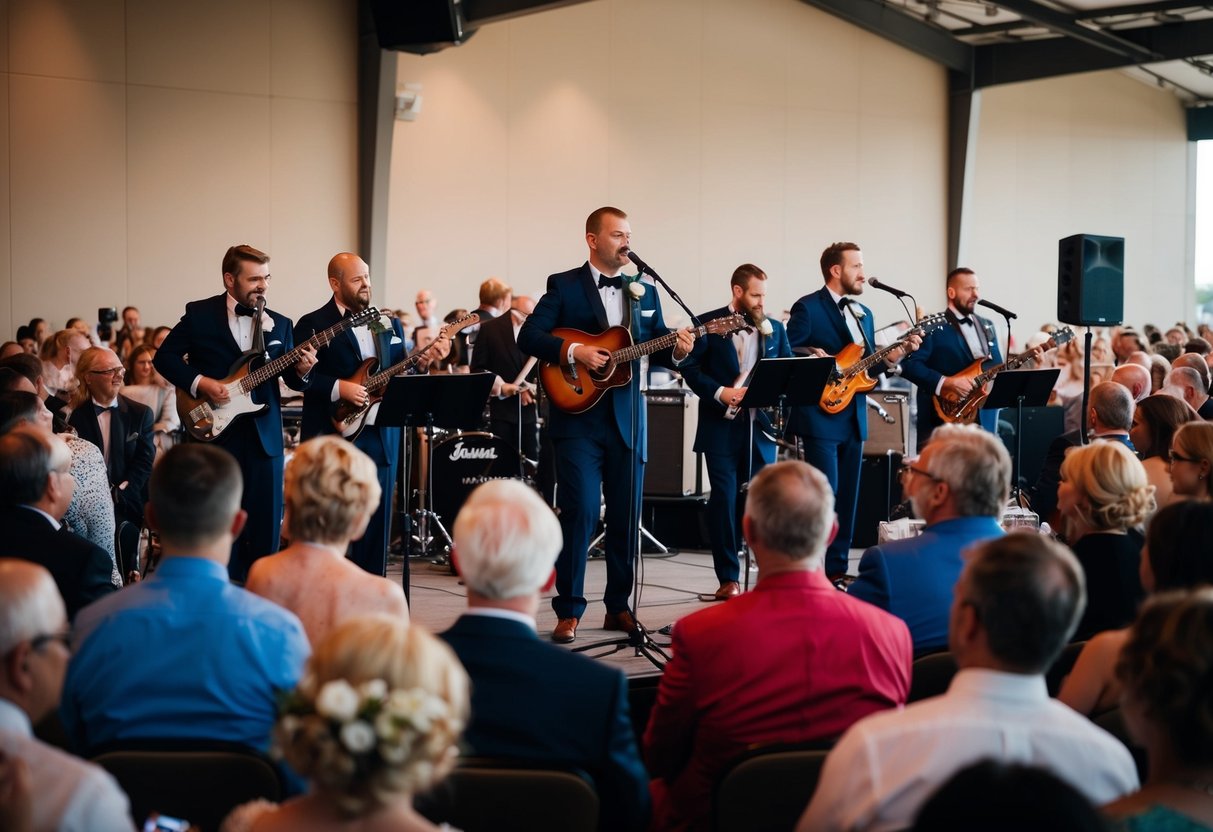 A wedding band playing music on a stage at a crowded venue