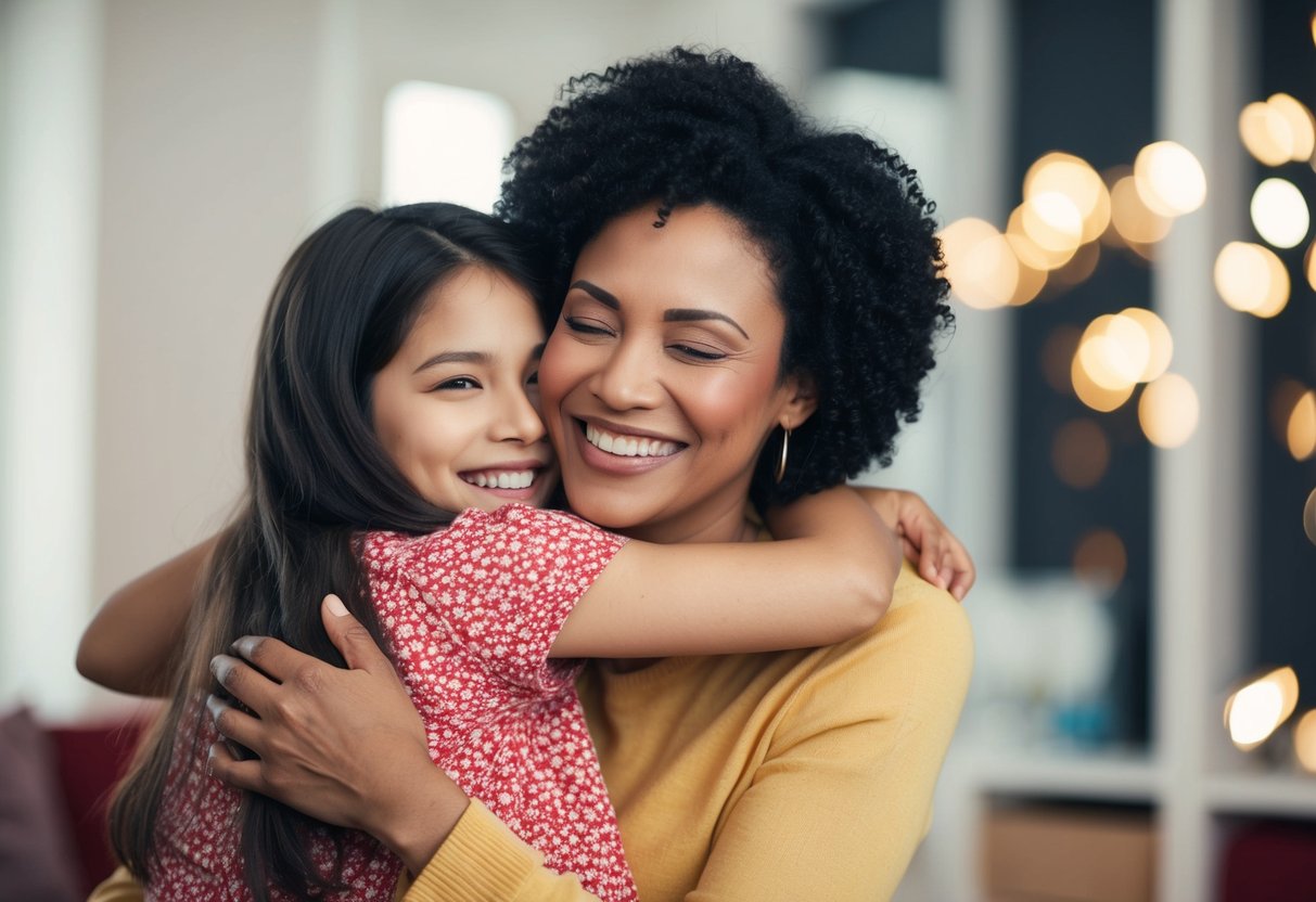 A mother smiling and embracing her daughter, offering words of love and support