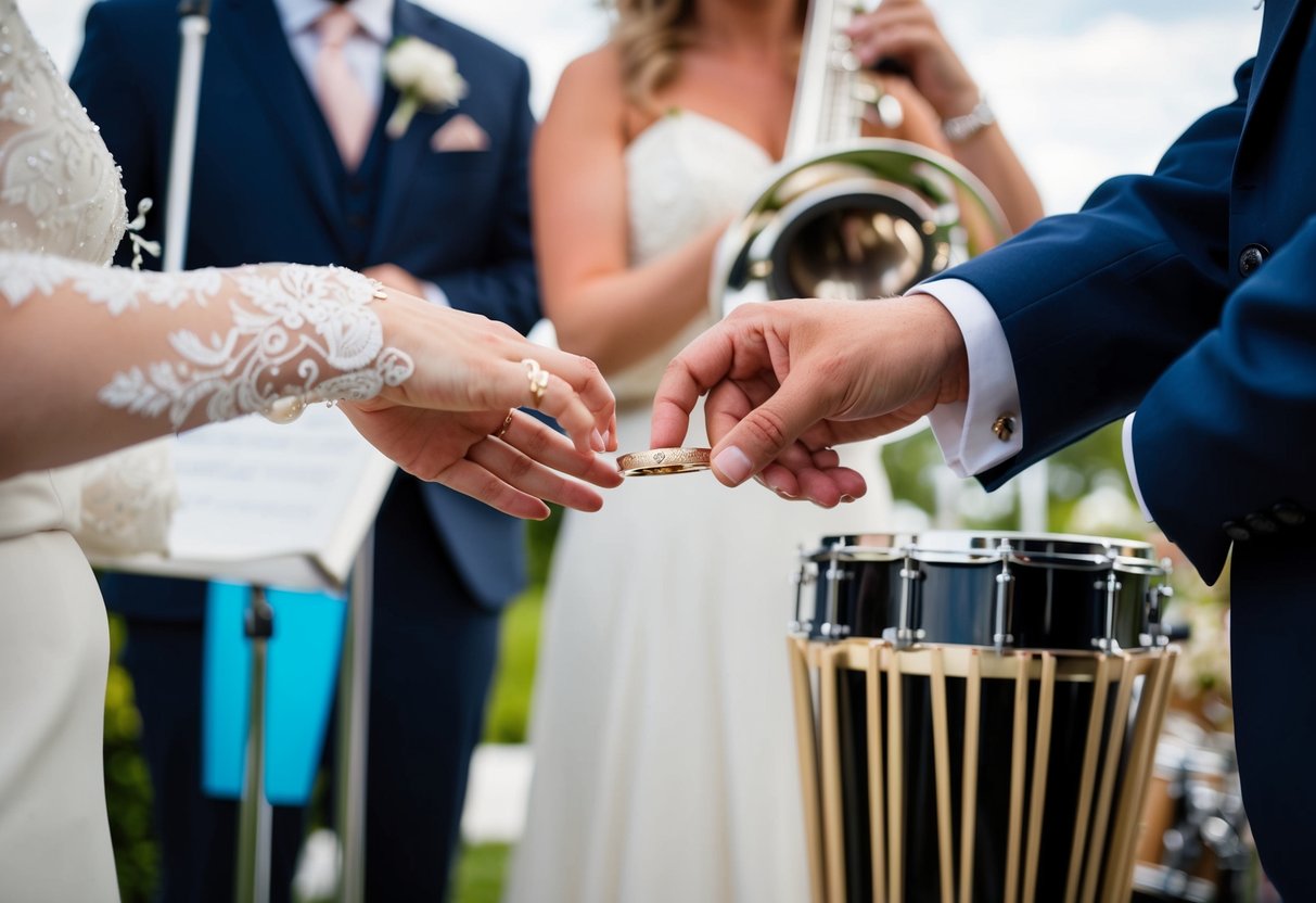 A bride and groom exchange personalized wedding bands while a live band plays music, creating a unique and memorable ceremony