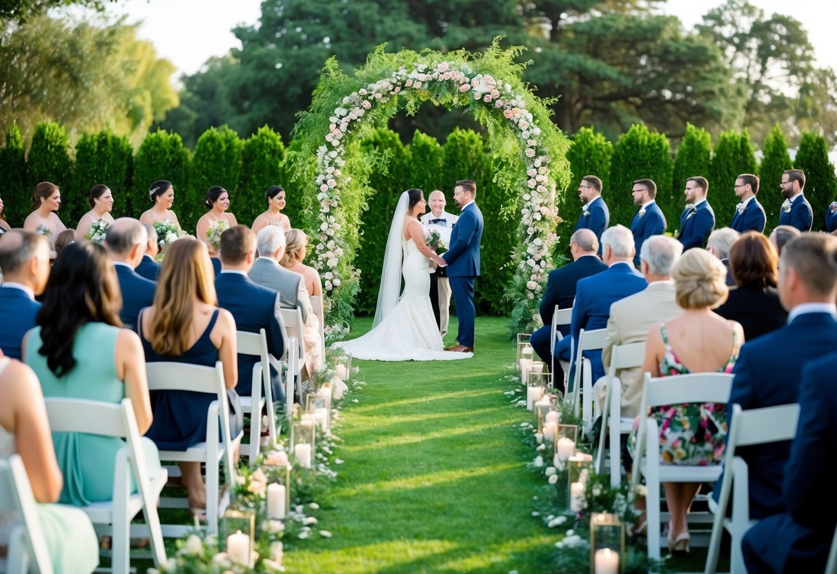 A picturesque outdoor wedding ceremony with guests seated in rows facing a beautiful arch adorned with flowers and greenery