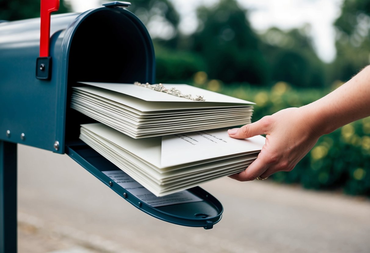 A stack of elegant wedding invitations being placed into a mailbox