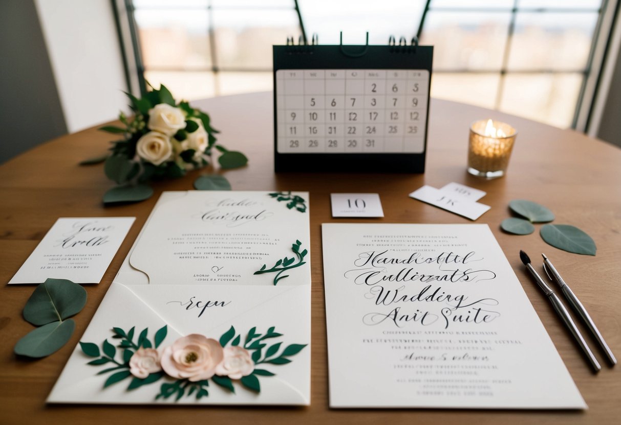 A handcrafted wedding invitation suite, with elegant calligraphy and floral motifs, laid out on a table with a calendar indicating the ideal timing to send out invitations