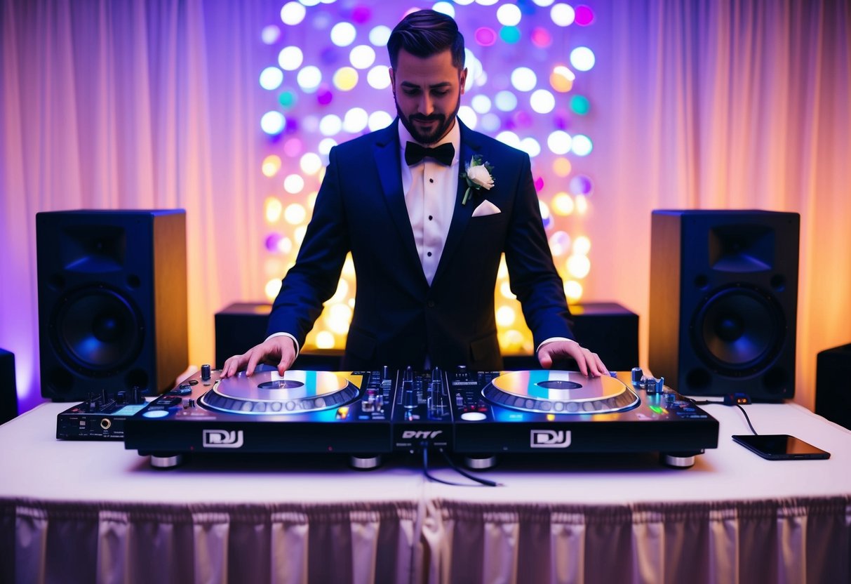 A DJ standing behind a booth with turntables, speakers, and colorful lights, creating a lively atmosphere for a wedding celebration