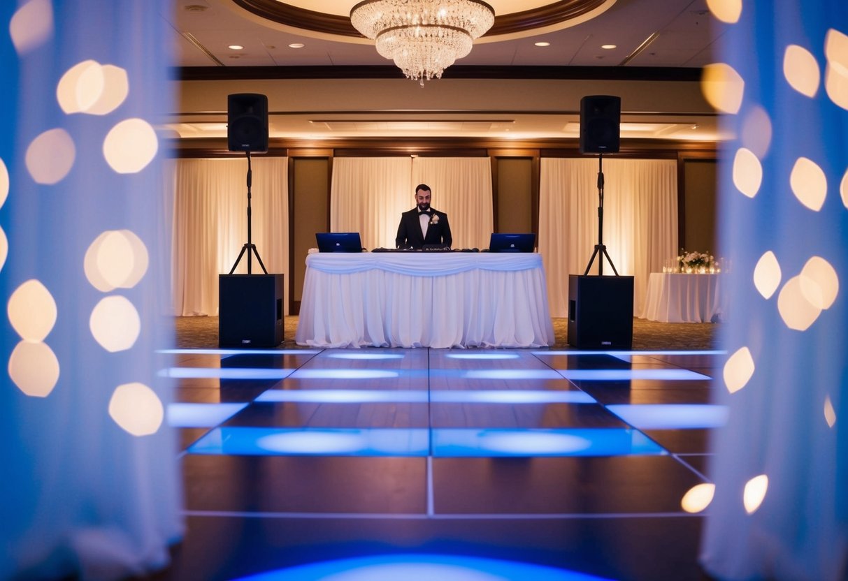 A wedding venue with a DJ booth, sound equipment, and dance floor set up for a reception