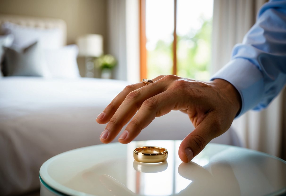 A hand reaches for a wedding band on a bedside table