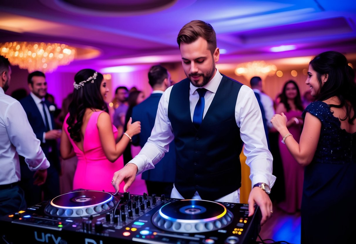 A DJ is spinning music at a wedding reception, surrounded by dancing guests and colorful lights