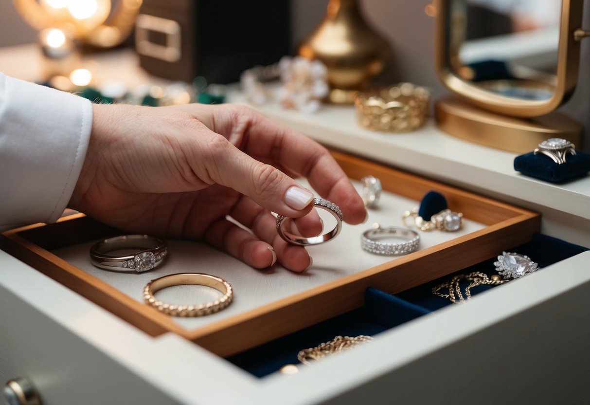 A hand reaching for a simple wedding band on a cluttered dresser, surrounded by other jewelry and accessories