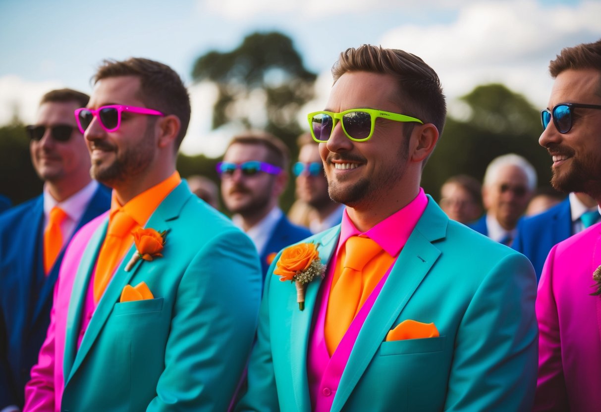 Men in bright neon colors at a wedding