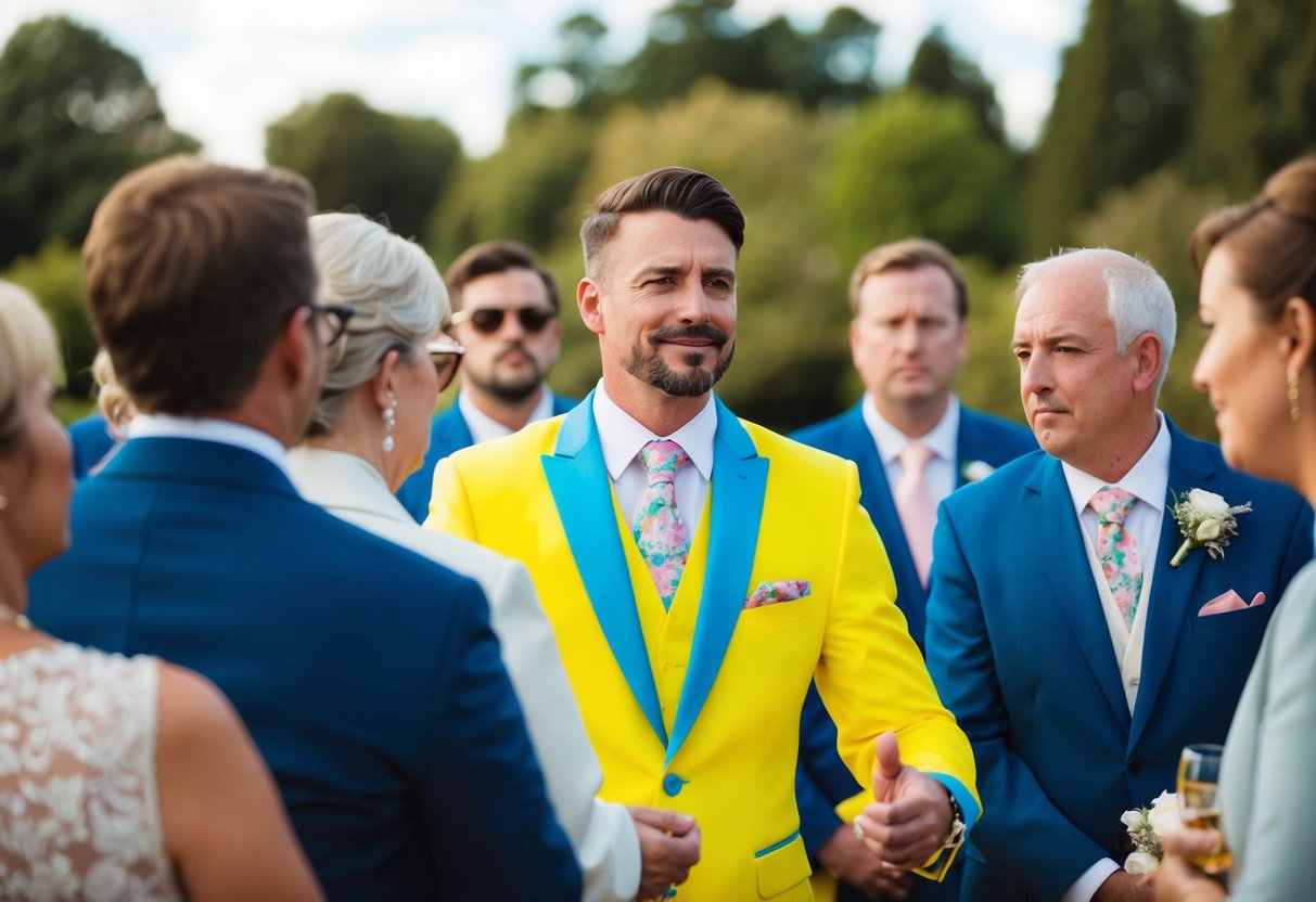 A man in a brightly colored suit at a wedding, surrounded by disapproving glances from other guests