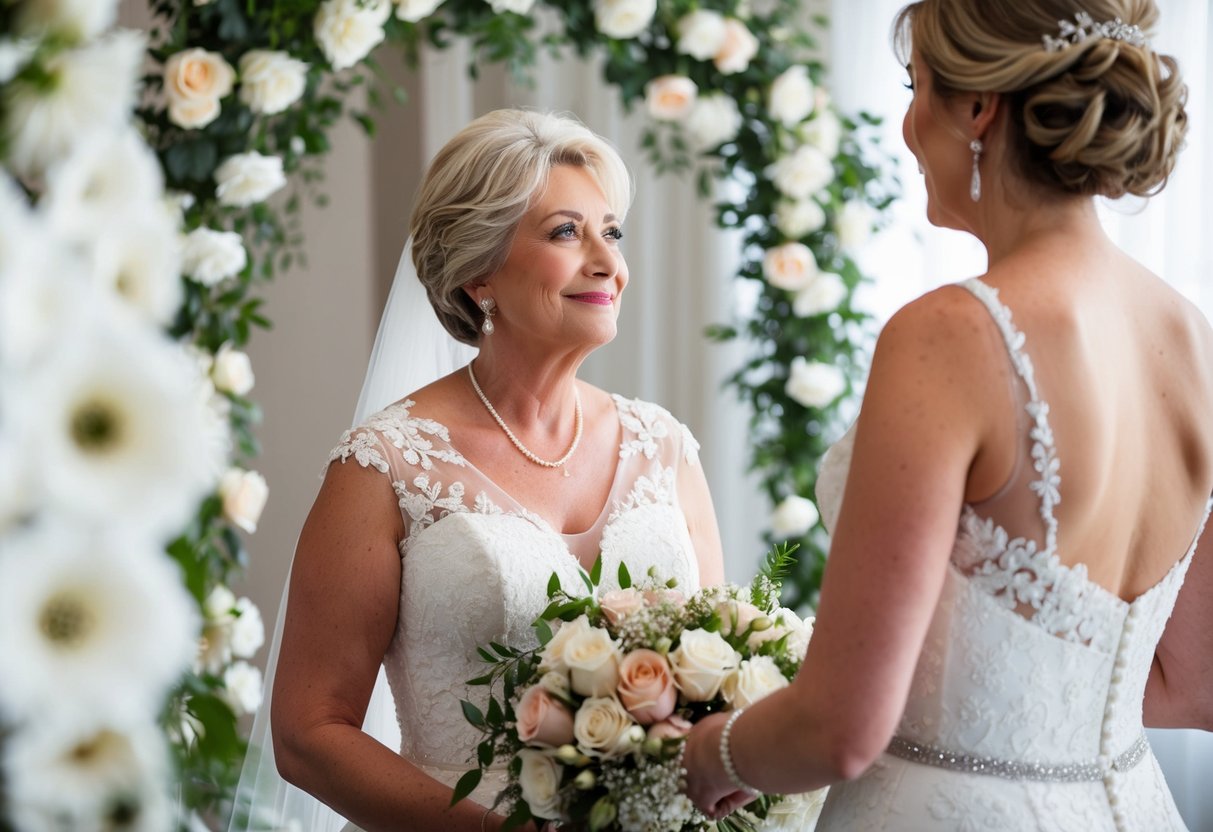 A mother of the bride gazes at her daughter's wedding gown, surrounded by flowers and wedding decor, with a content smile on her face