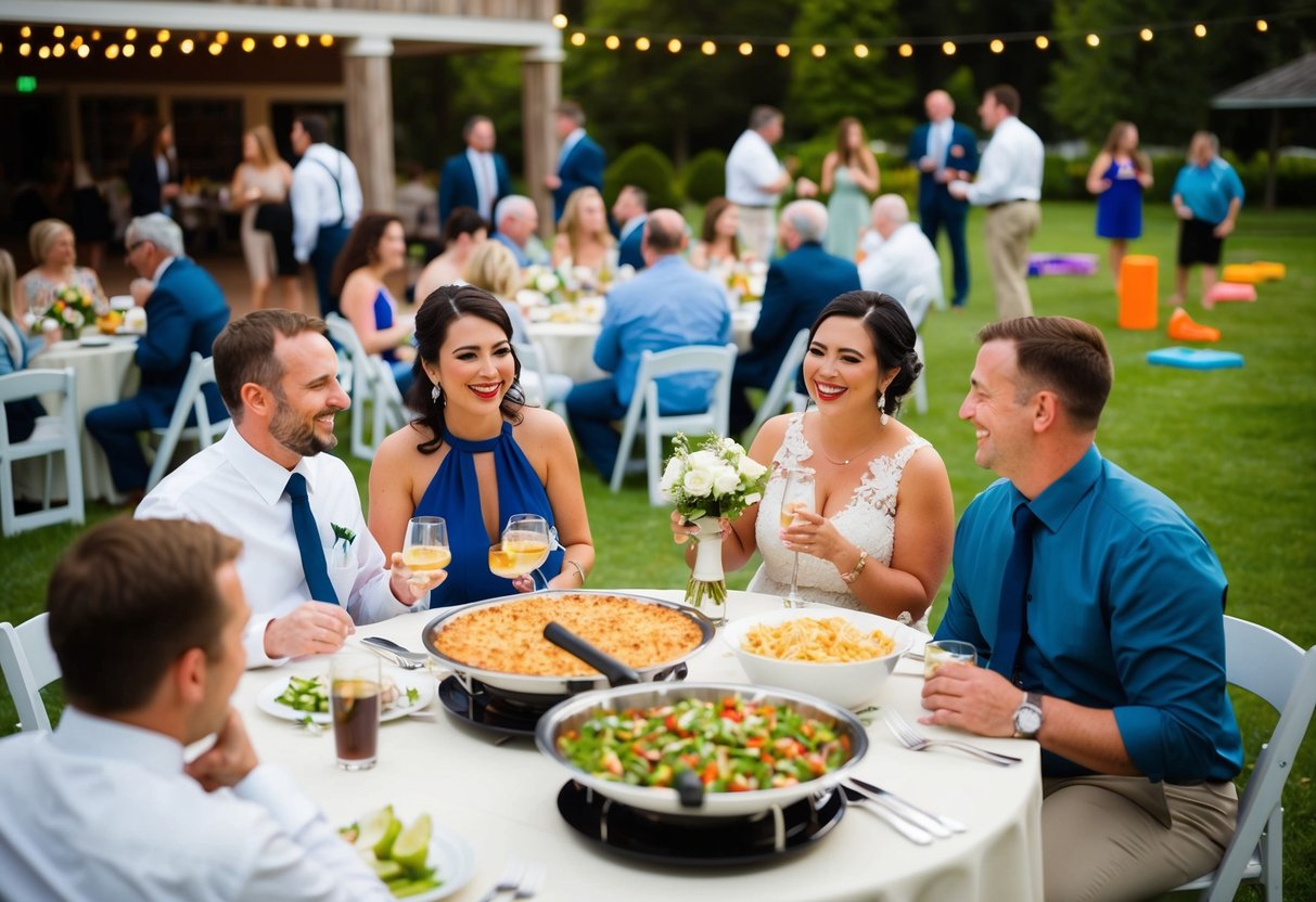 Guests mingling at tables, chatting and laughing. Some are enjoying the buffet, while others are sitting and sipping drinks. A few are playing lawn games outside the reception hall