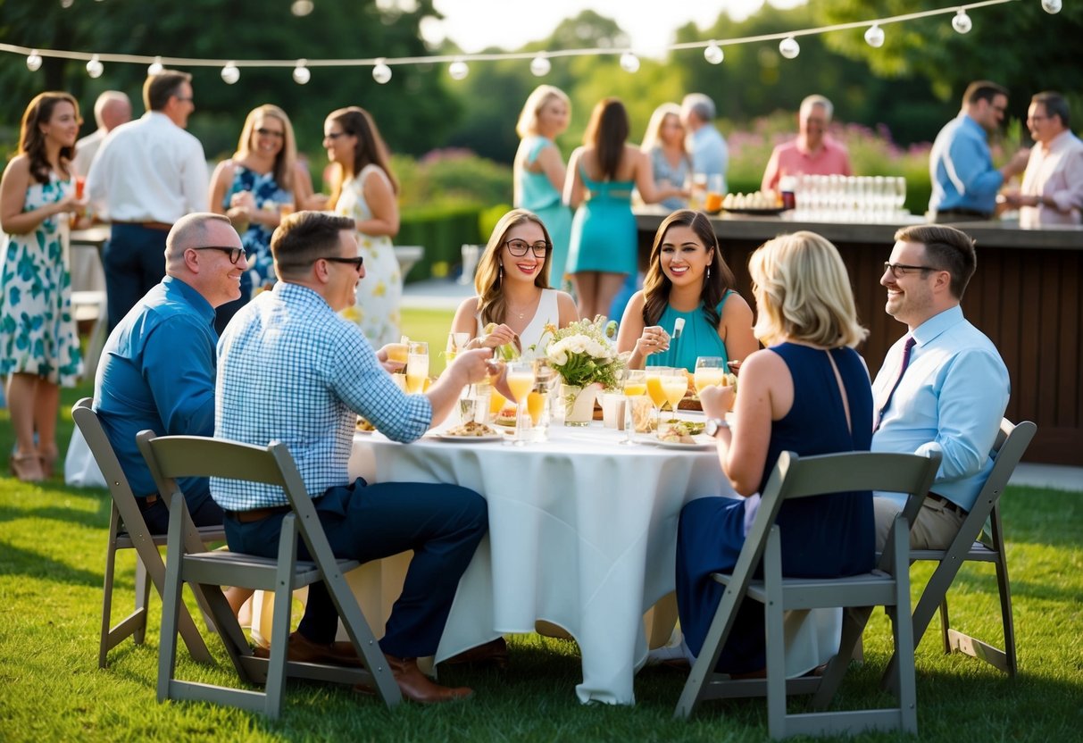 Guests socialize at tables, enjoying drinks and hors d'oeuvres. Some play lawn games or chat by the bar. Laughter and conversation fill the air
