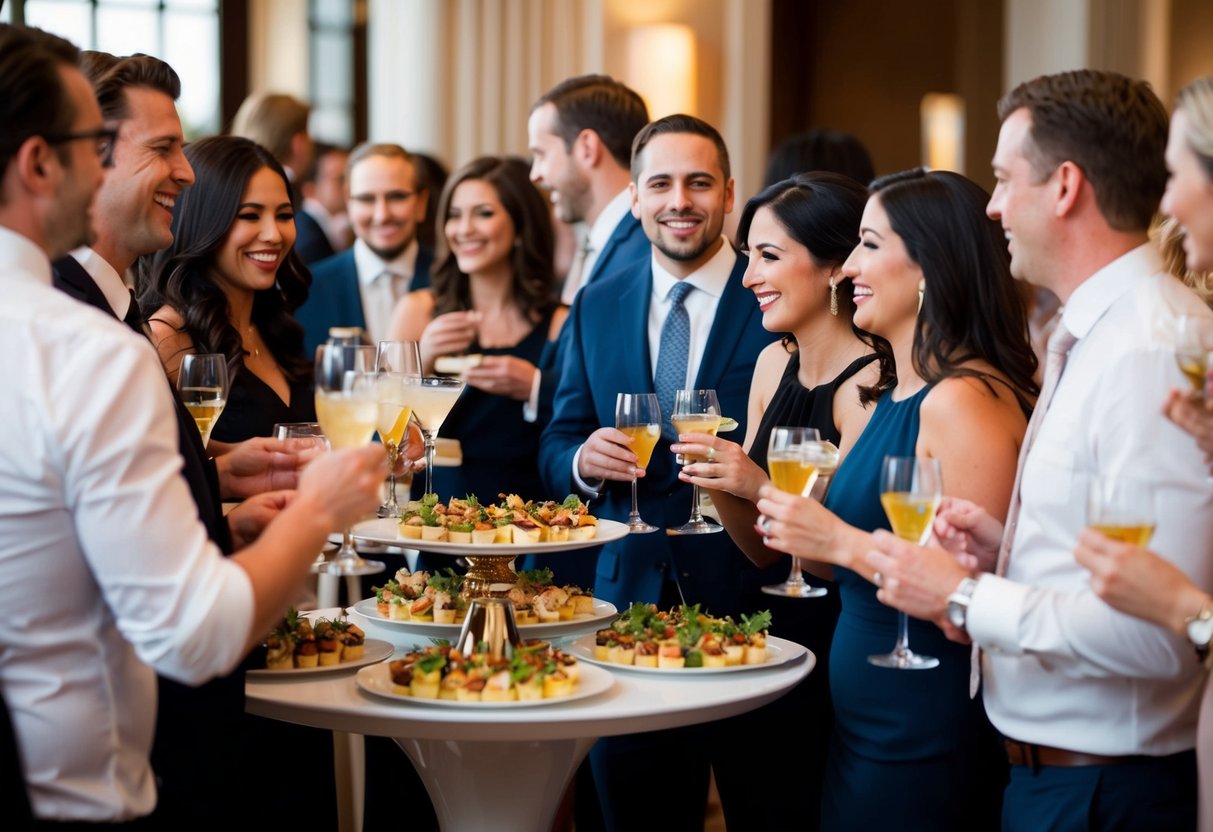 Guests mingle around high cocktail tables, sipping drinks and sampling gourmet appetizers. Laughter and conversation fill the air as they enjoy the elegant ambiance