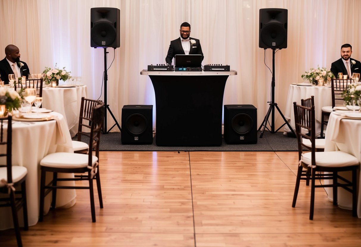 A small wedding reception with a DJ booth, speakers, and a dance floor. Tables are set with flowers and candles, creating a warm and intimate atmosphere