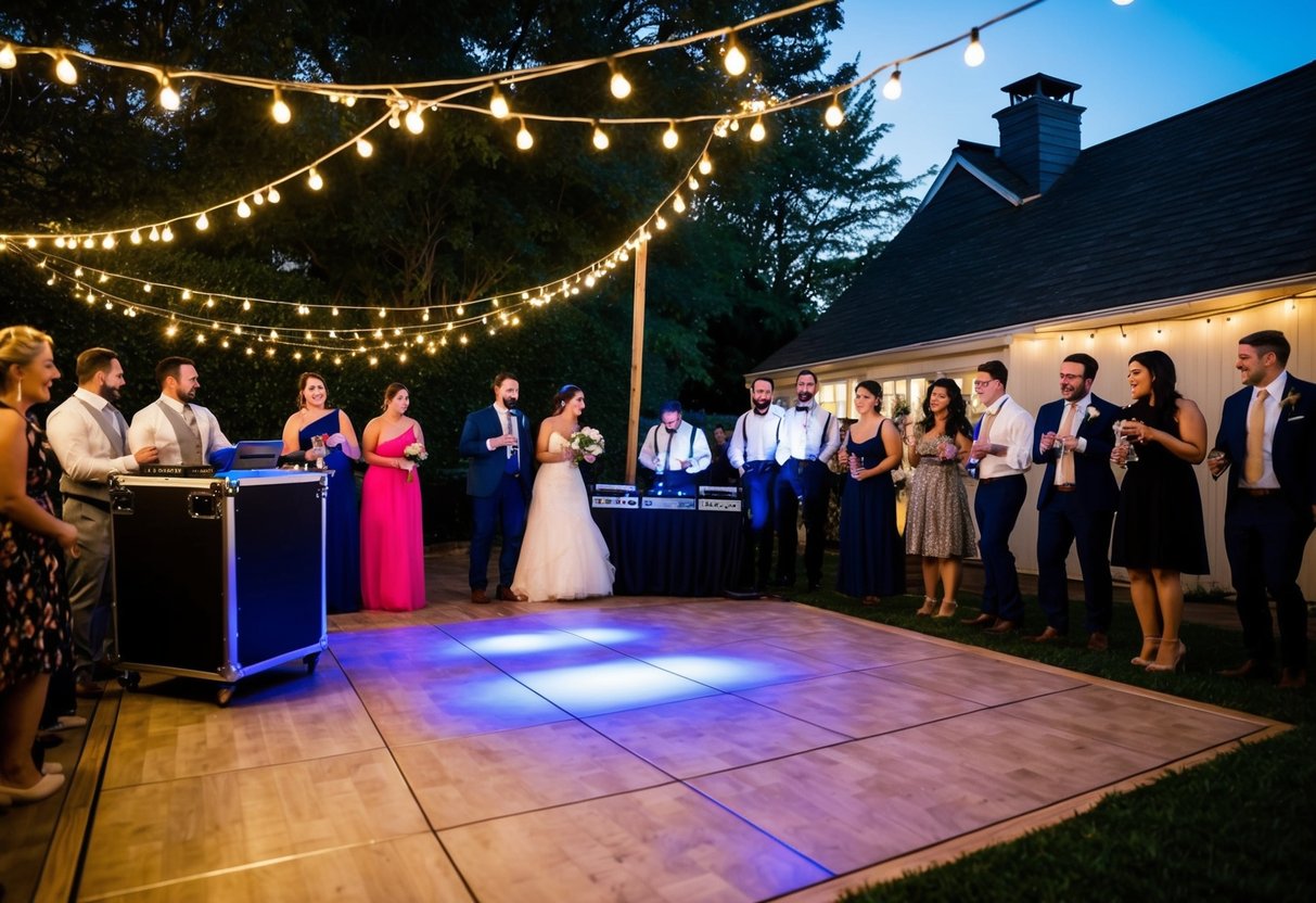 A cozy backyard wedding with a small dance floor, twinkling lights, and a DJ booth playing music for the guests