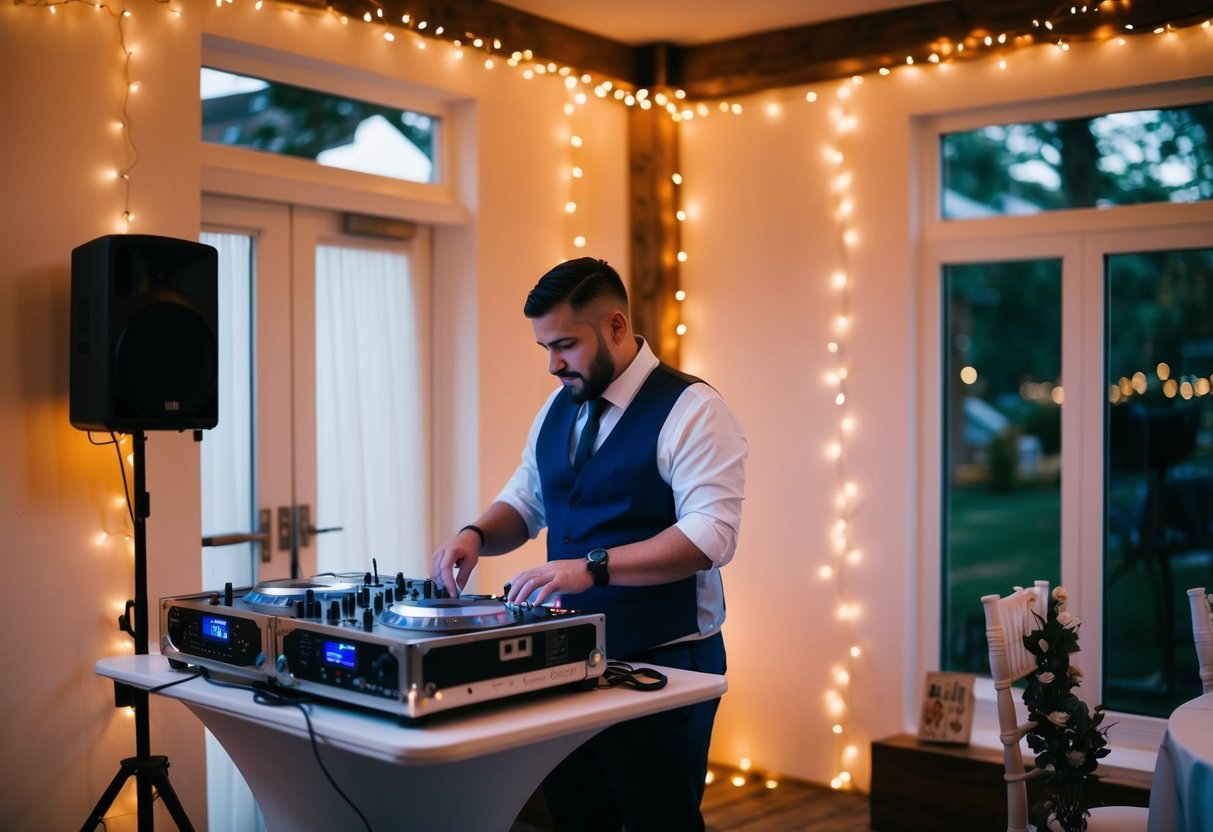 A small wedding reception with a DJ setting up equipment in a cozy, intimate space with fairy lights and personalized decor