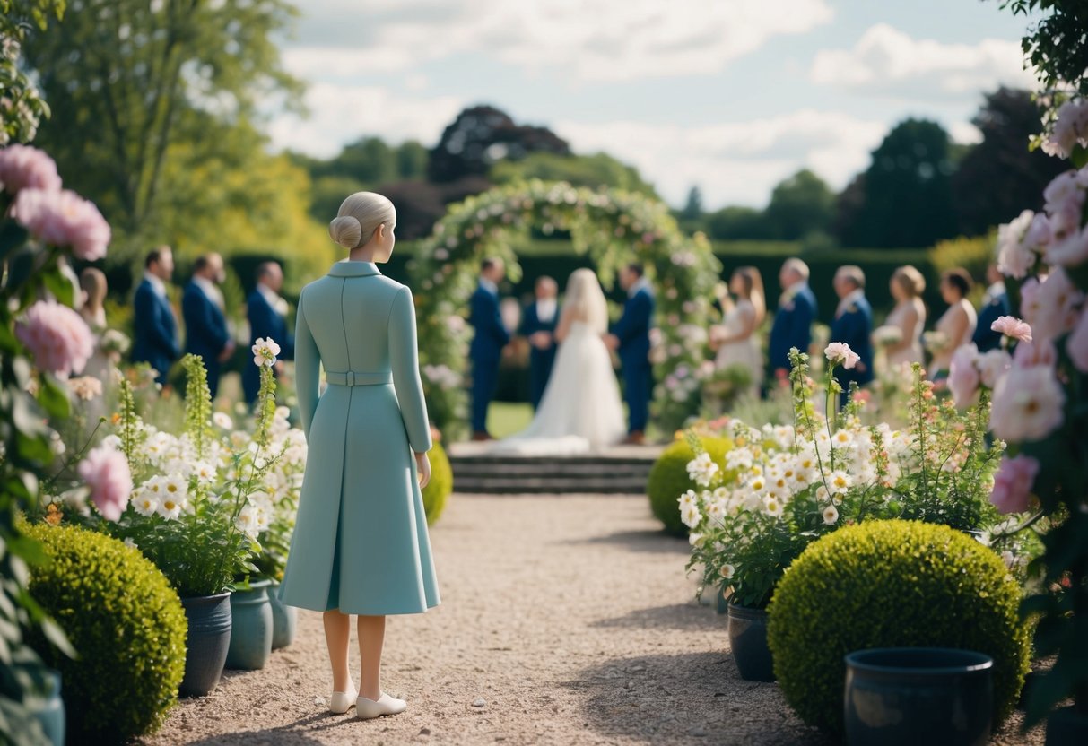 A lone figure stands in a beautiful garden, surrounded by blooming flowers and a serene atmosphere, gazing at a picturesque wedding ceremony in the distance