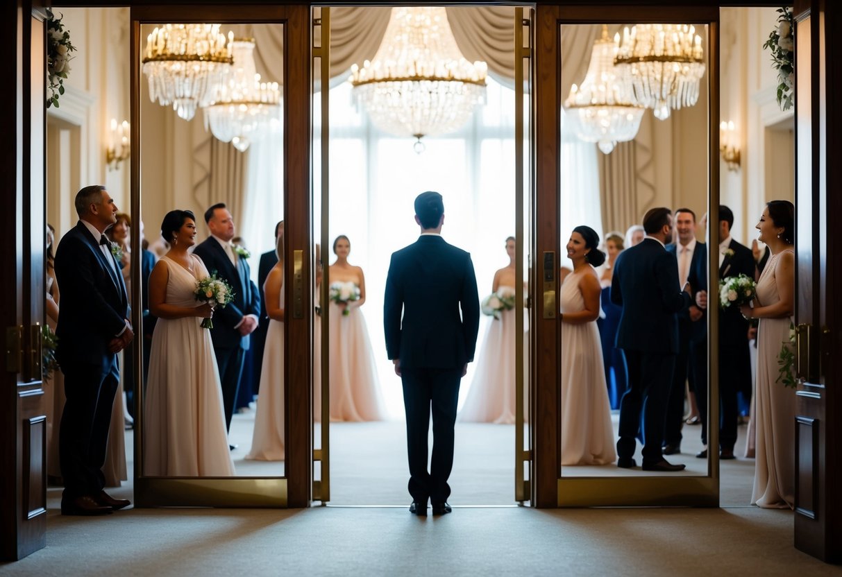 A lone figure stands at the entrance of a grand wedding venue, gazing up at the ornate decorations and bustling guests
