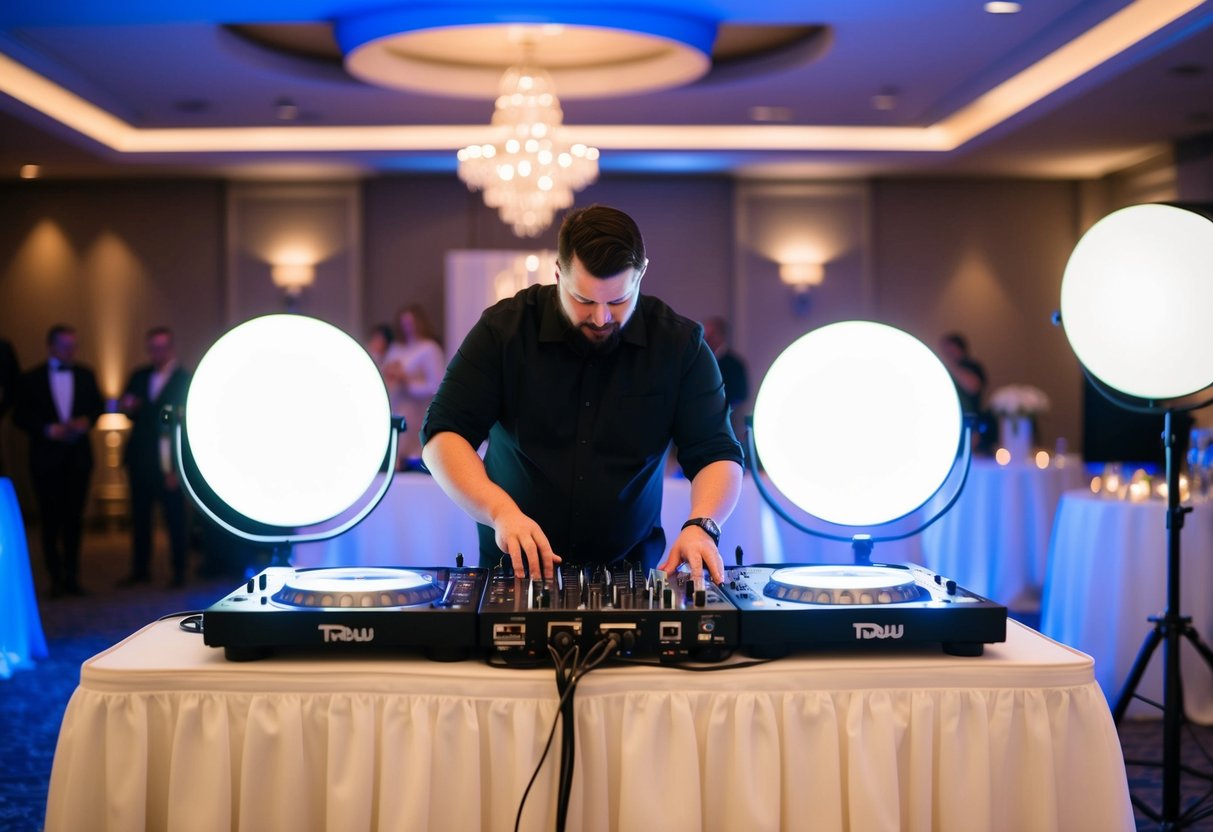 A wedding DJ setting up equipment and adjusting lights in a dimly lit reception hall