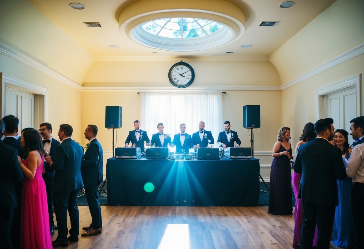 A sunlit room with a clock showing 4:00 PM, a DJ setup, and a dance floor filling with guests