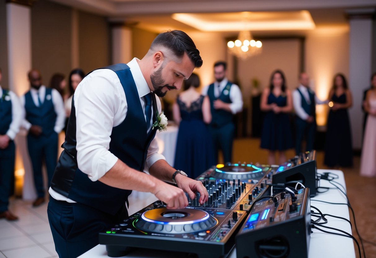 A wedding DJ setting up equipment and adjusting sound levels in a dimly lit reception hall, with guests beginning to arrive