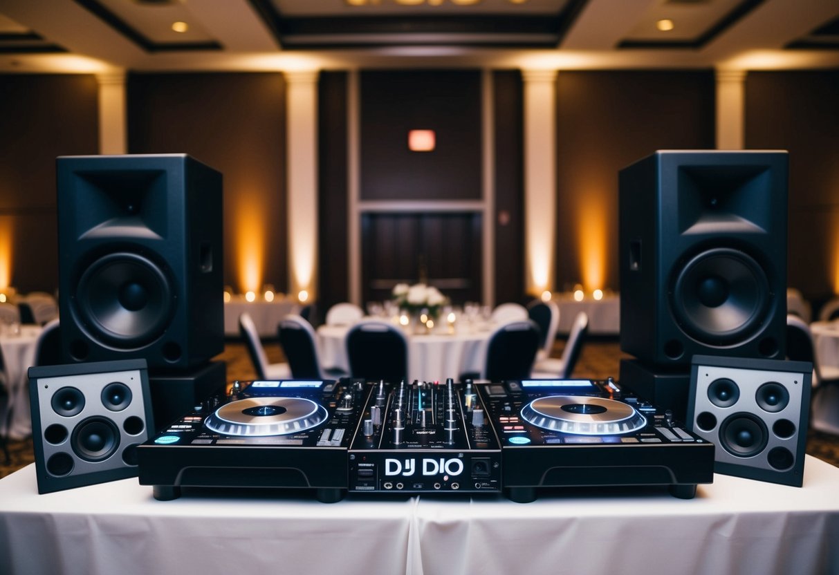 A DJ booth with turntables, mixer, and speakers set up in a dimly lit reception hall, ready for a wedding event