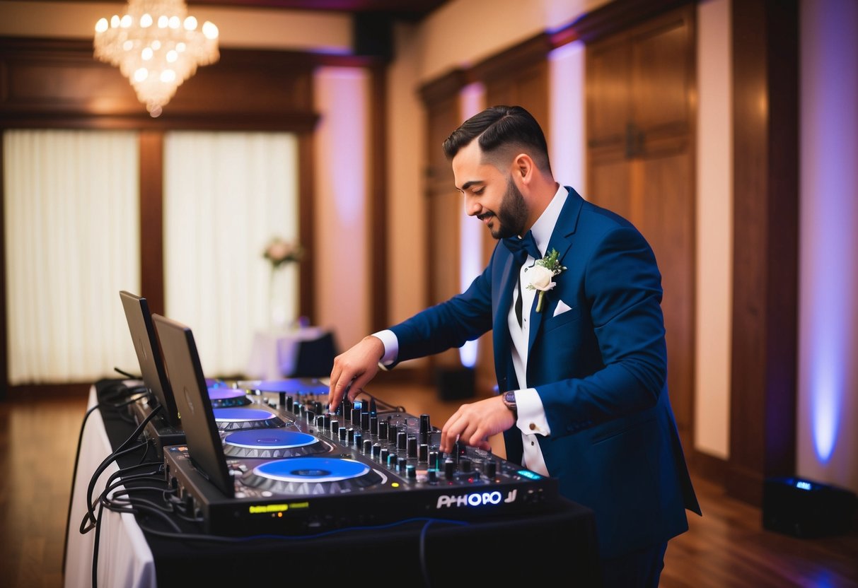 A wedding DJ setting up equipment and adjusting sound levels in a dimly lit reception hall