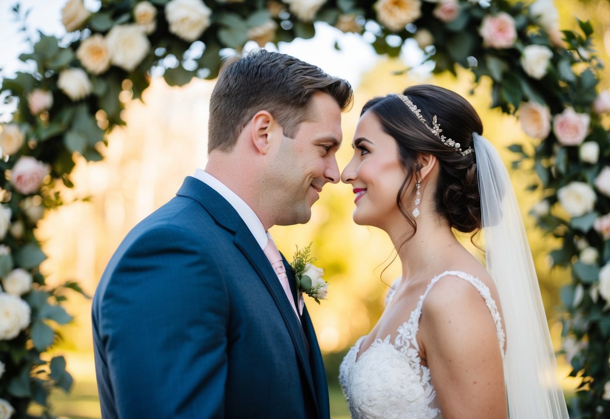 A groom leans in, gazing into the bride's eyes, as they stand under a floral arch