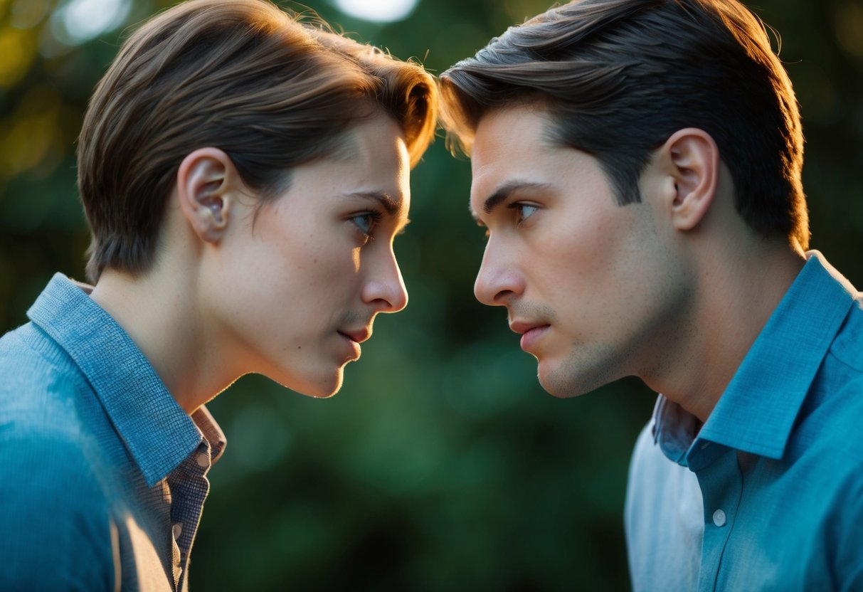 Two figures face each other, close but not touching. The air is charged with anticipation as they lean in, their eyes locked in a moment of silent communication