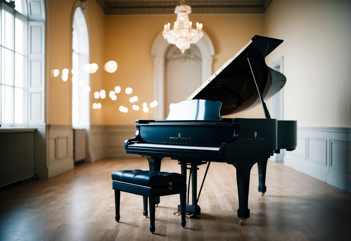 A grand piano sits in an ornate hall, bathed in soft light, as notes of a serene melody fill the air