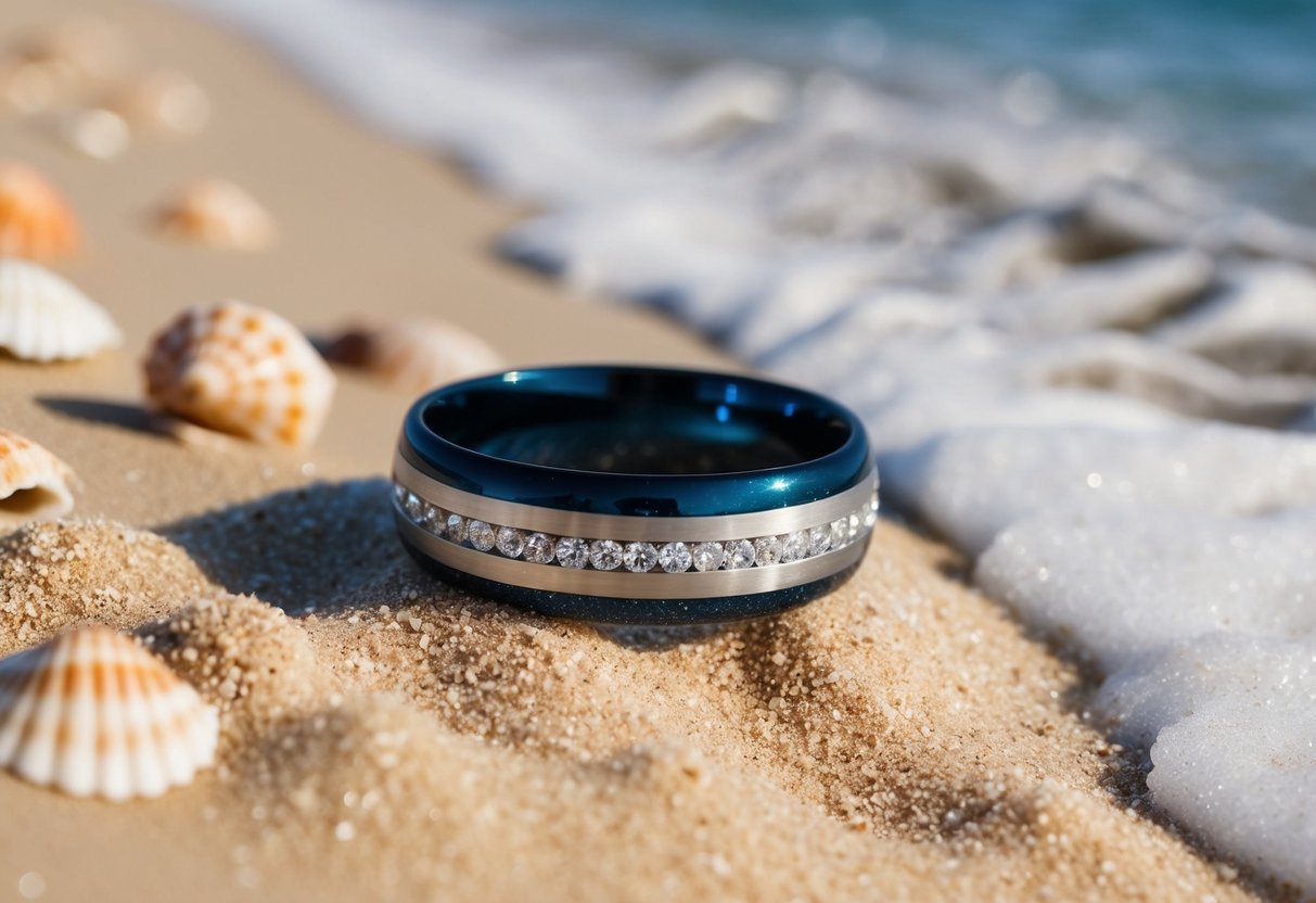 A wedding band lying on a sandy beach, surrounded by seashells and gently lapping waves