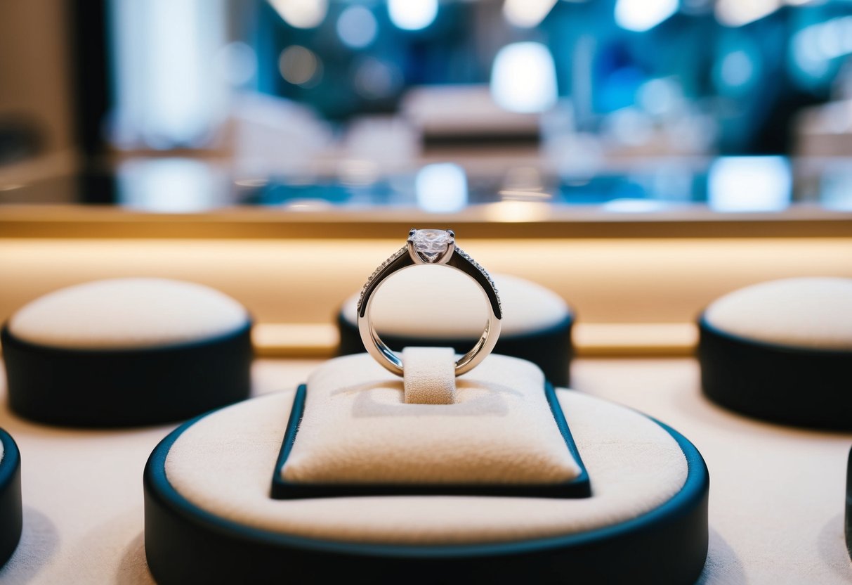 A wedding band placed on a cushioned display in a well-lit jewelry store