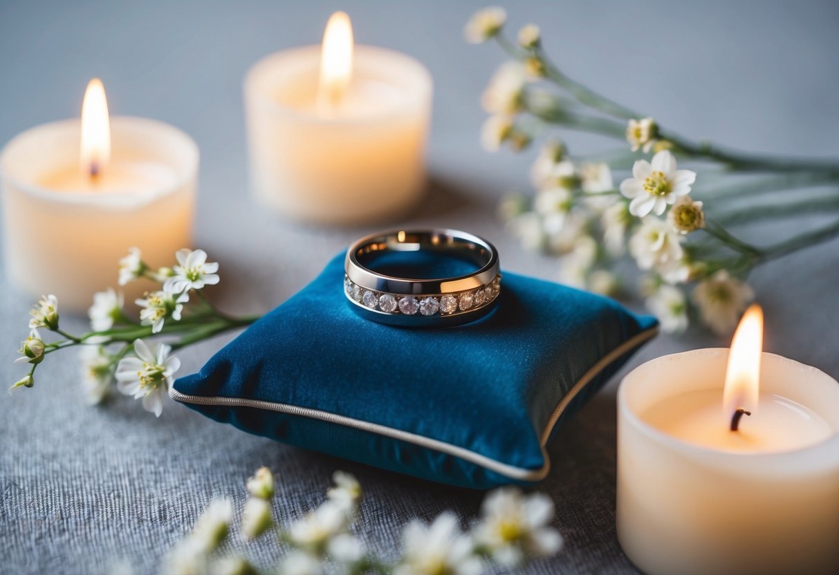 A wedding band resting on a velvet cushion, surrounded by delicate flowers and soft candlelight