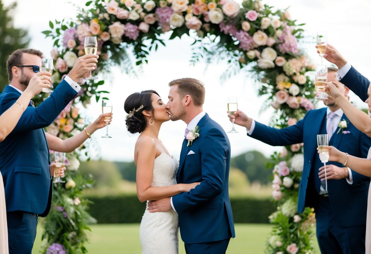 A couple standing under a floral arch, leaning in for a kiss. Guests surround them, holding up glasses and cheering