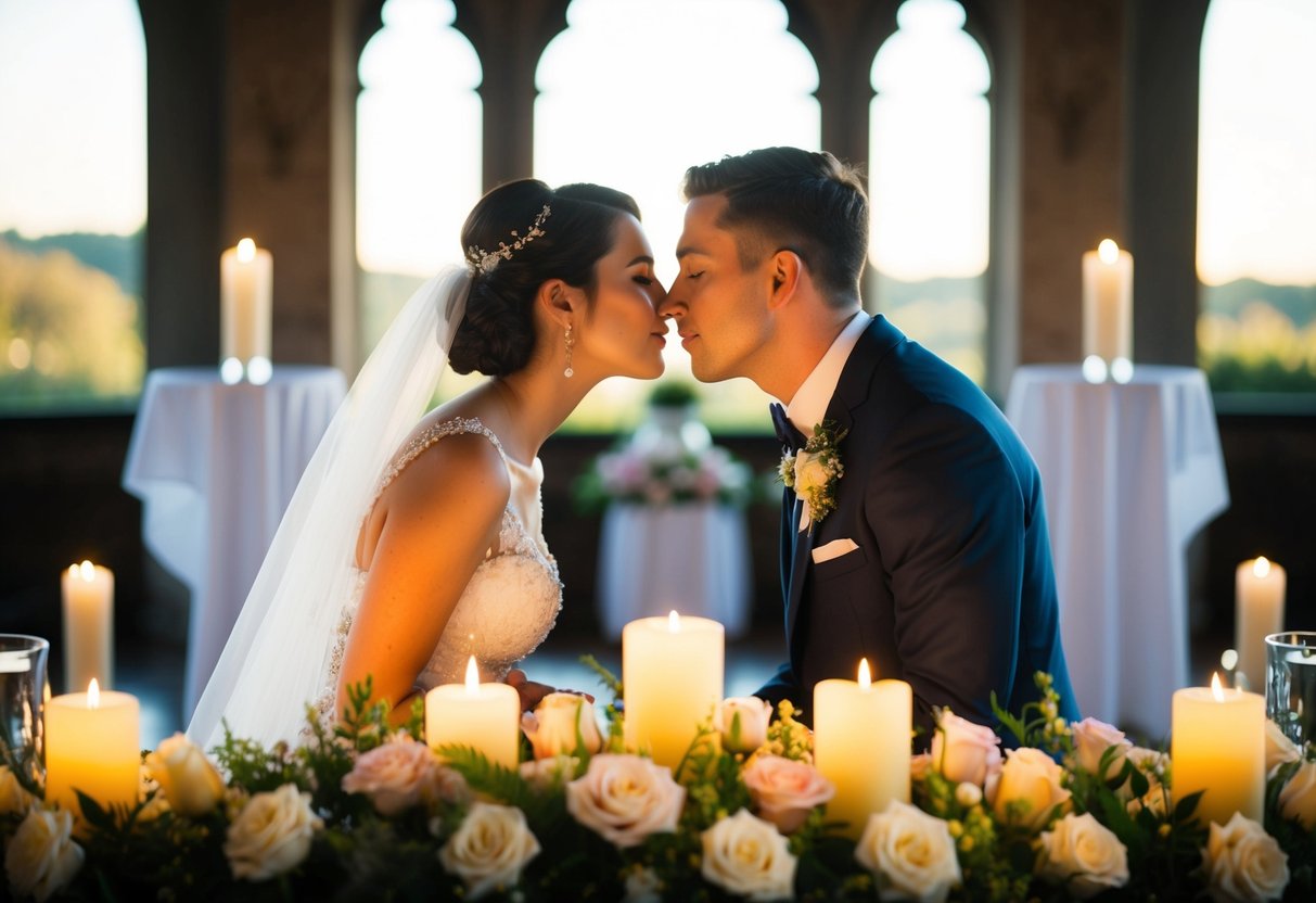 A couple stands facing each other, surrounded by flowers and candles. They lean in for a kiss, symbolizing their union in marriage
