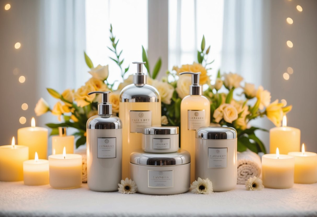 A table set with an array of luxurious spa products, surrounded by soft candlelight and fresh flowers
