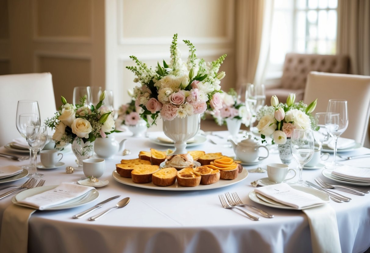 A table set with a luxurious breakfast spread, surrounded by delicate flowers and elegant bridal accessories