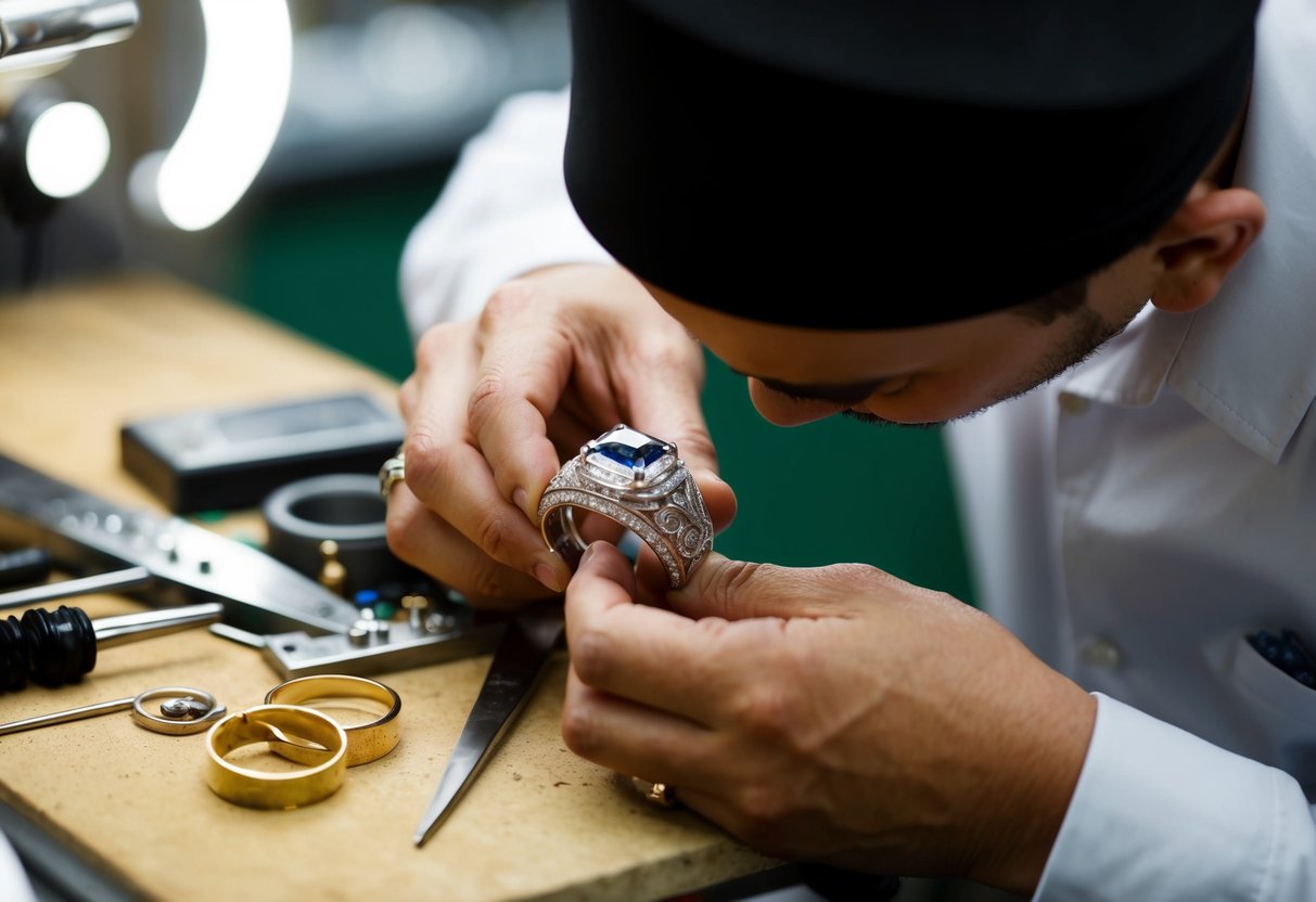 A jeweler carefully crafting a men's wedding ring with intricate designs and precious metals