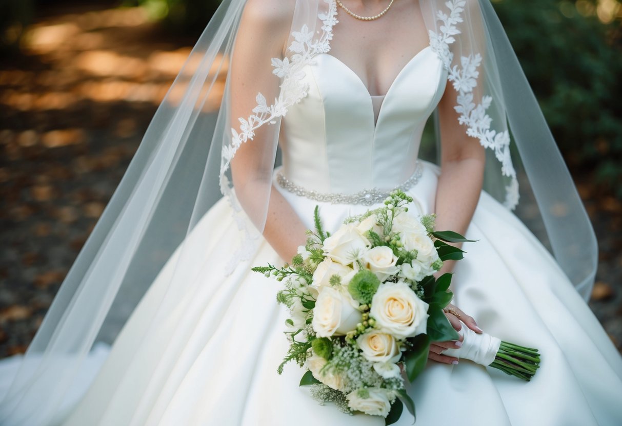 A white wedding gown, a delicate veil, and a bouquet of flowers