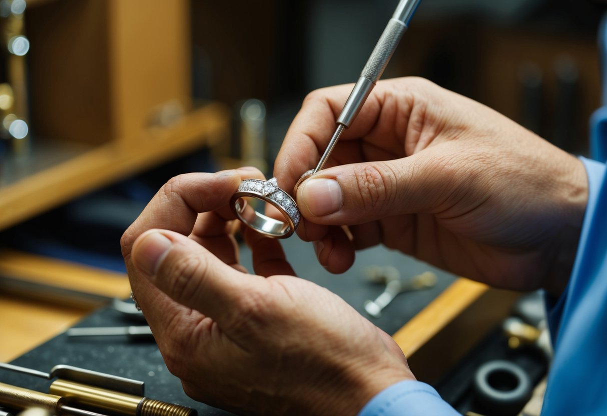 A jeweler carefully crafting a men's wedding ring with precision tools and intricate details