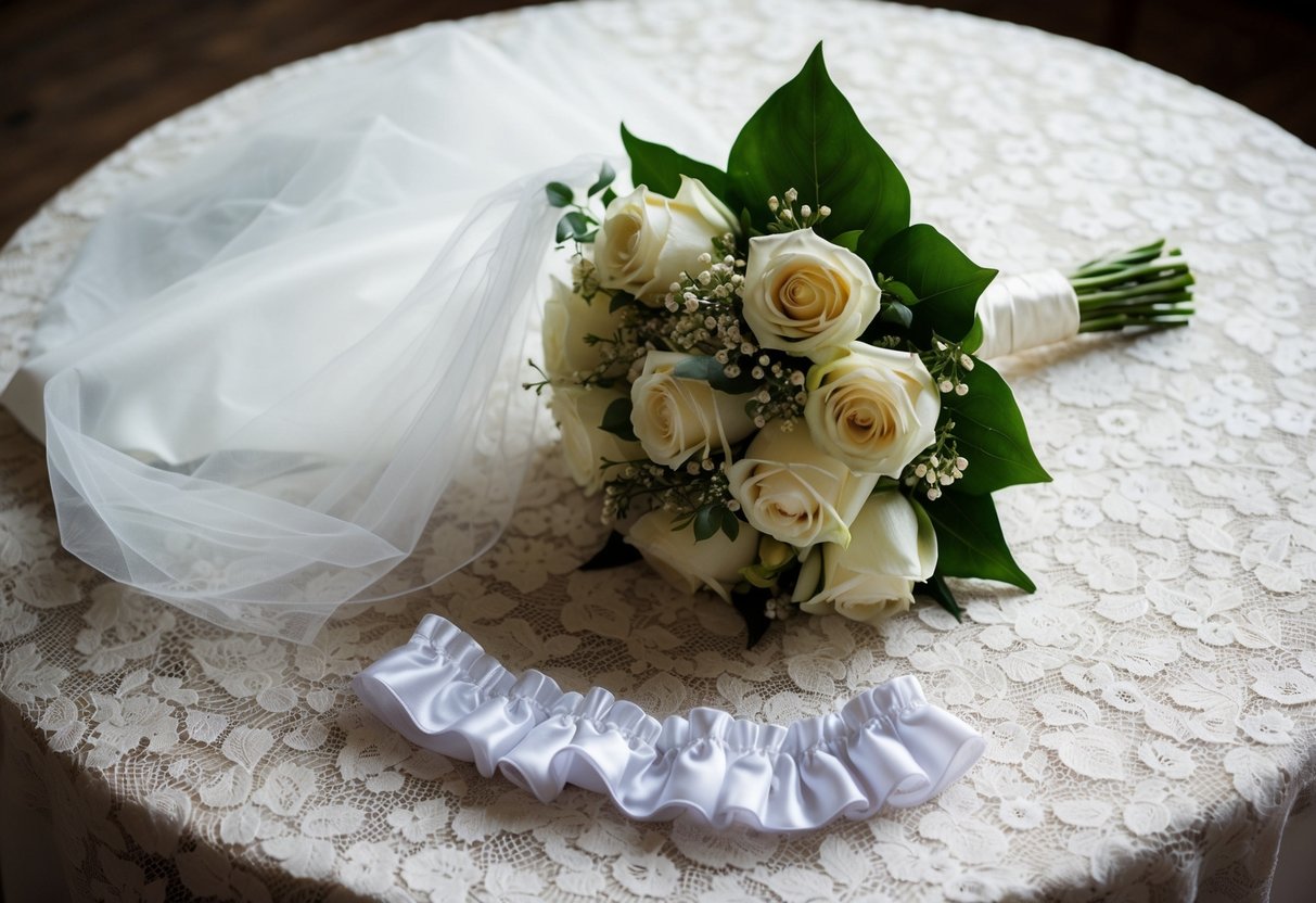 A bridal bouquet, a veil, and a garter laid out on a lace-covered table